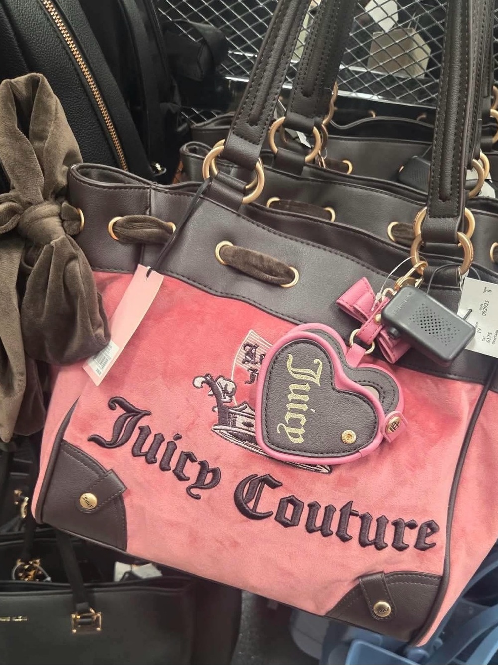 Juicy Couture Pink and Brown Embroidered Logo Shoulder Bag